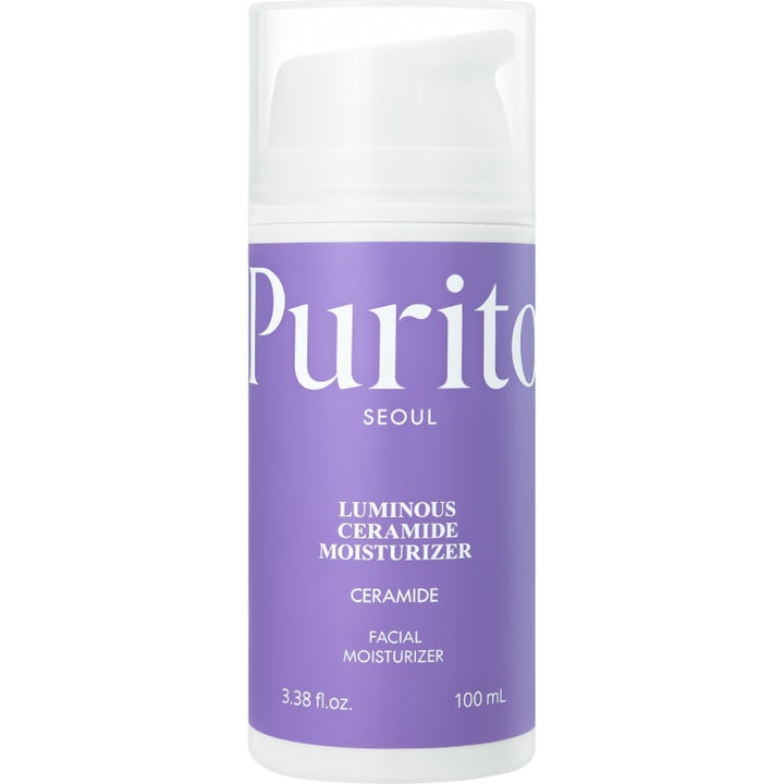 Purito Dermide Relief Barrier Moisturizer 100 ml beroligende ansiktskrem med ceramider i hvit pumpeflaske med blå etikett