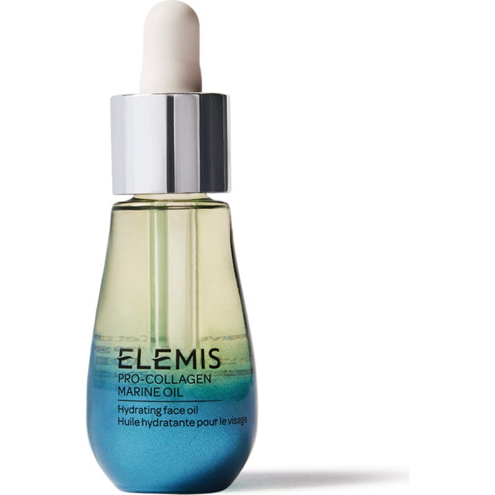 Elemis Pro-Collagen Marine Oil 15 ml fuktighetsgivende ansiktsolje i glassflaske med blått fargespill og sølvpipette
