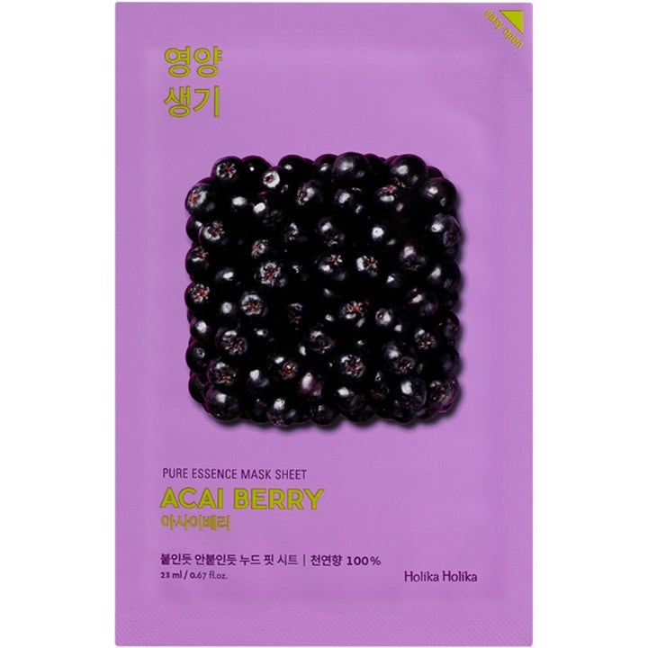 Holika Holika Pure Essence Mask Sheet Acai Berry 23 ml revitaliserende ansiktsmaske i lilla sachet med mørke bær