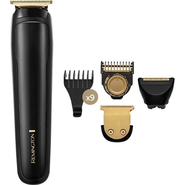 Remington T-Series Ultimate Precision Trimmer hårtrimmer med gullfargede detaljer og utskiftbare hoder