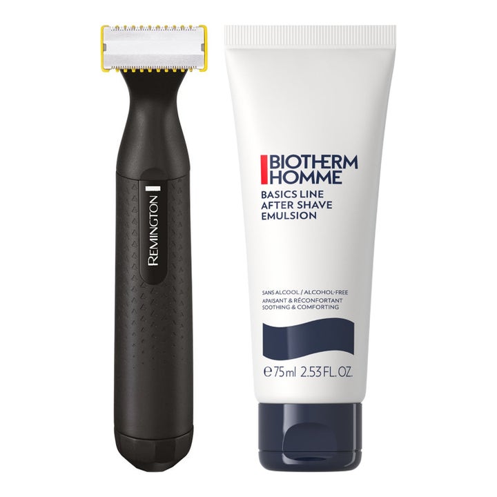 Biotherm Homme After Shave Emulsion 75ml og Remington trimmer gir beroligende pleie i hvit tube og svart maskin