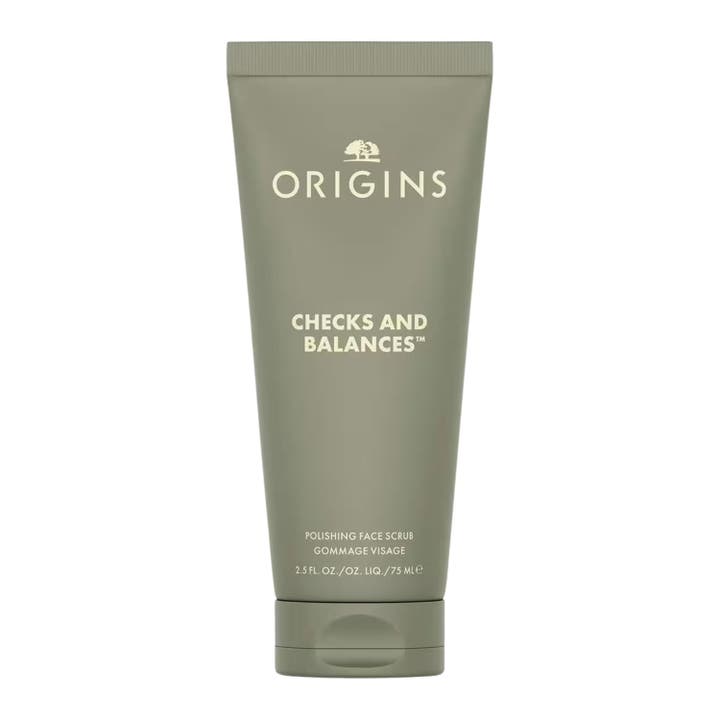 Origins Checks and Balances Polishing Face Scrub 75 ml eksfolierende ansiktsskrubb i hvit tube med mintgrønn kork