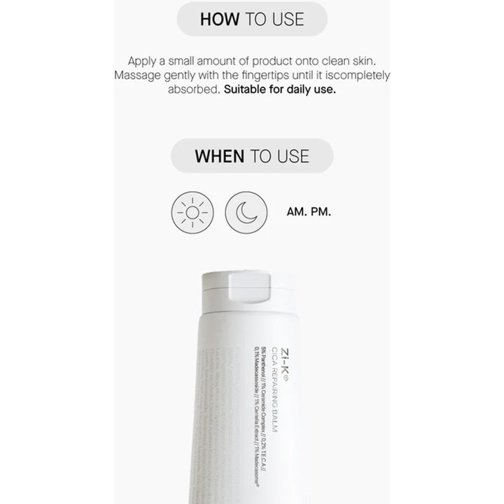 Niche Beauty Lab Transparent Lab Zi-K Cica Repairing Balm 100 ml reparerende krem med infografikk for dag og natt