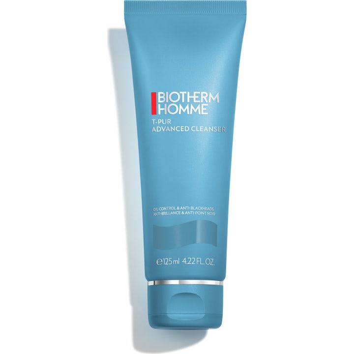 Biotherm Homme T-Pur Cleanser 125 ml dyprensende ansiktsrens som motvirker glans i en matt blå tube med sølvdetalj