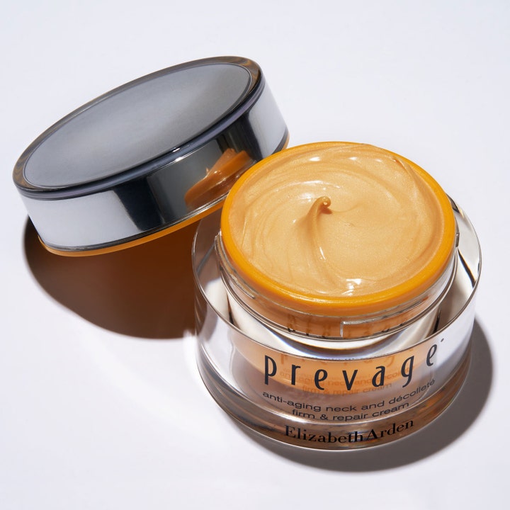 Elizabeth Arden Prevage Anti-Aging Neck And Décolleté 50 ml krem i krukke med gyllen skimrende tekstur