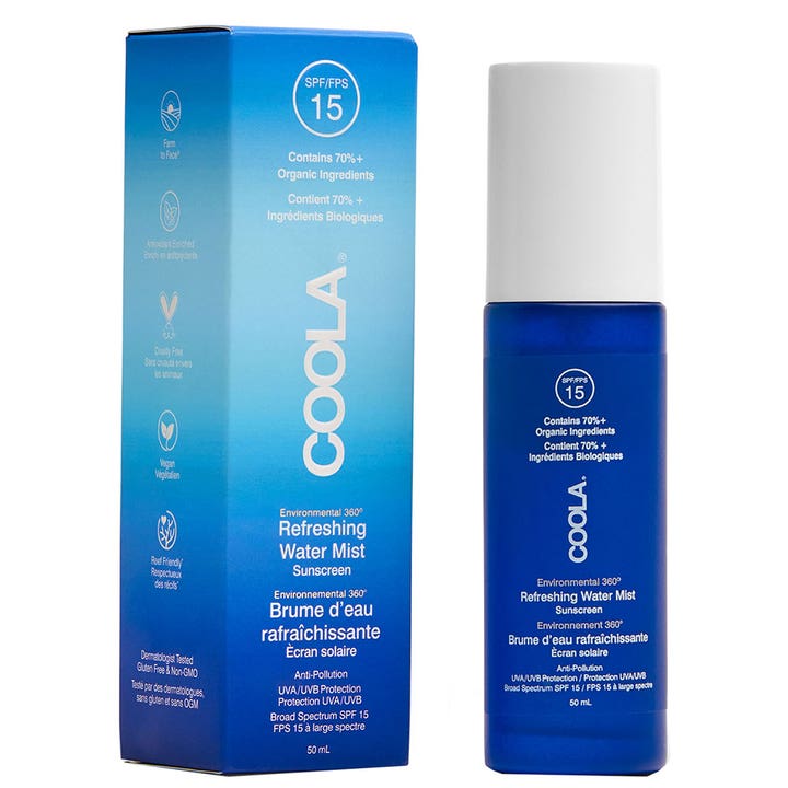 Coola Refreshing Water Mist 50 ml solkrem spray med SPF 15 som frisker opp i blå flaske med hvit kork og eske.