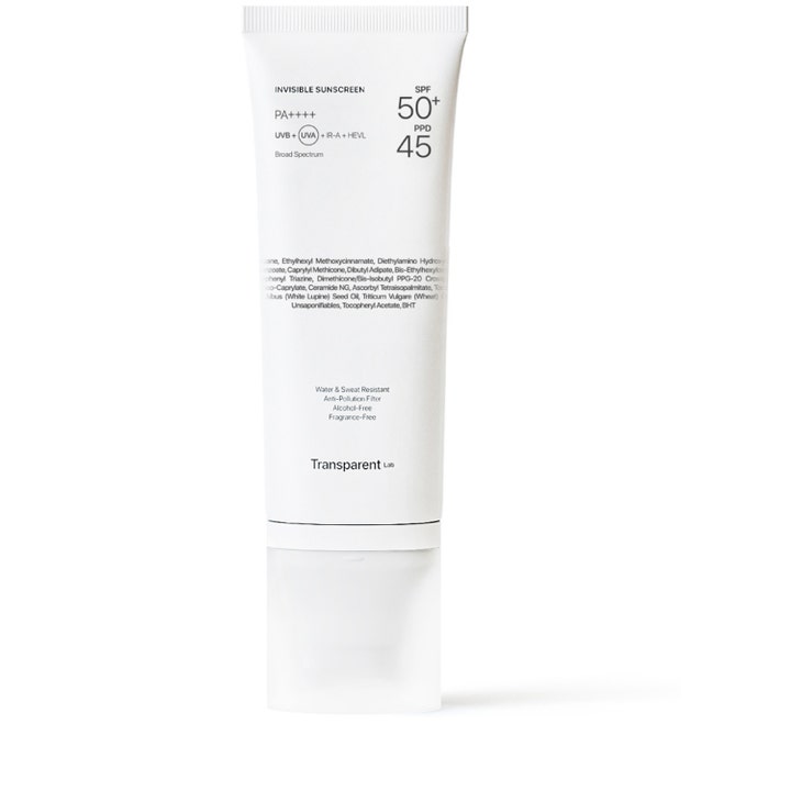 Transparent Lab Invisible Sunscreen SPF 50+ 50ml solbeskyttelse i hvit tube med gjennomsiktig kork