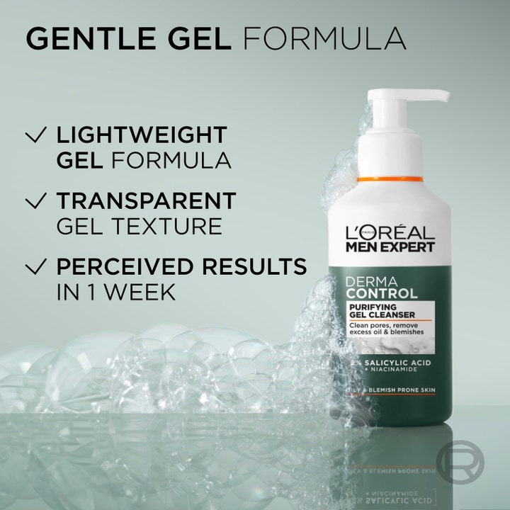 L'Oréal Paris Men Expert Derma Control 260 ml ansiktsrens med salisylsyre i pumpeflaske omgitt av hvitt skum.