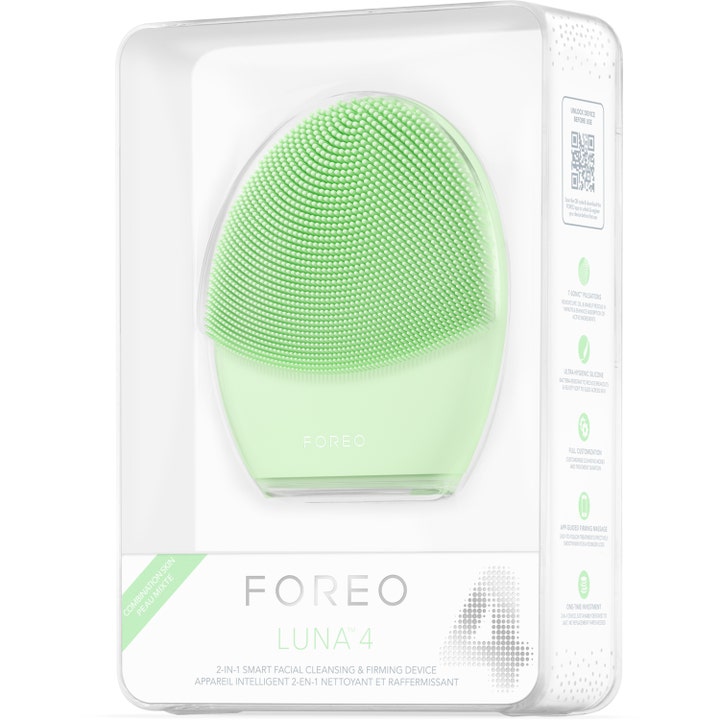 FOREO LUNA 4 Combination Skin 1 stk rensende ansiktsbørste i lysegrønn silikon i gjennomsiktig originalemballasje
