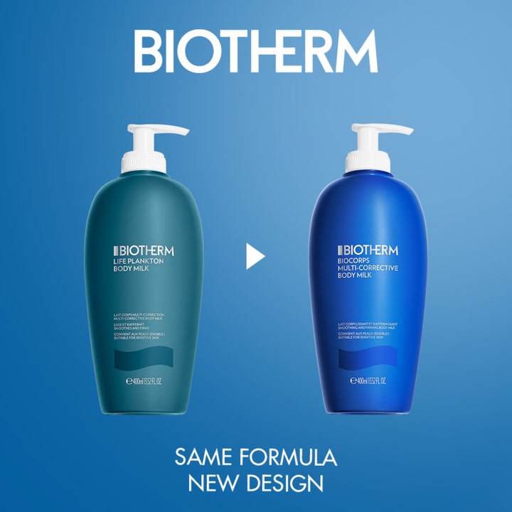 Biotherm Biocorps Multi-Corrective Body Milk 400 ml fuktighetskrem i gammel turkis og ny blå pumpeflaske