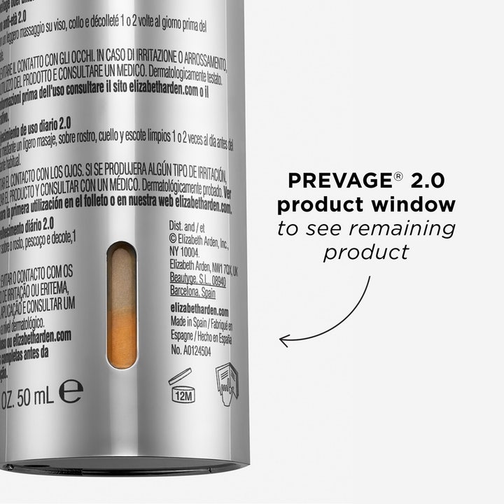 Elizabeth Arden Prevage Anti-aging Daily Serum 2.0 50 ml serum i sølvflaske med vindu som viser oransje produkt.
