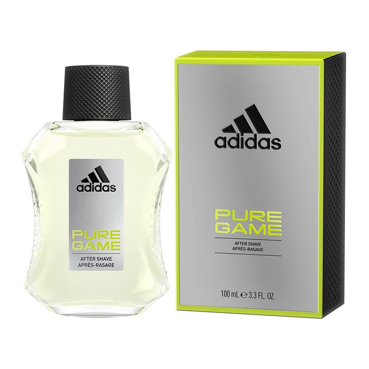 Adidas Pure Game For Him 100 ml aftershave beroliger huden i klar glassflaske og sølvfarget eske med neongule detaljer