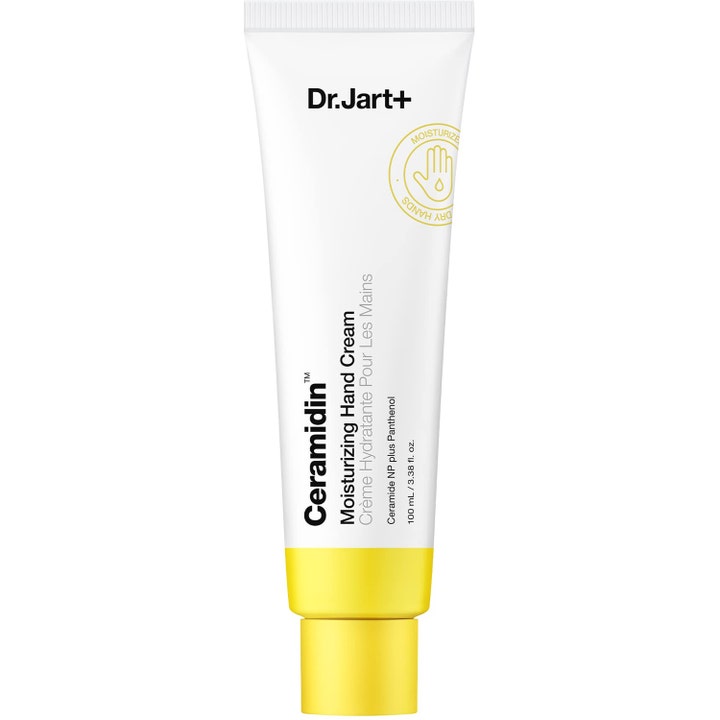 Dr.Jart+ Ceramidin Moisturizing Hand Cream 100 ml med ceramider gir fuktighet i hvit tube med gult lokk.