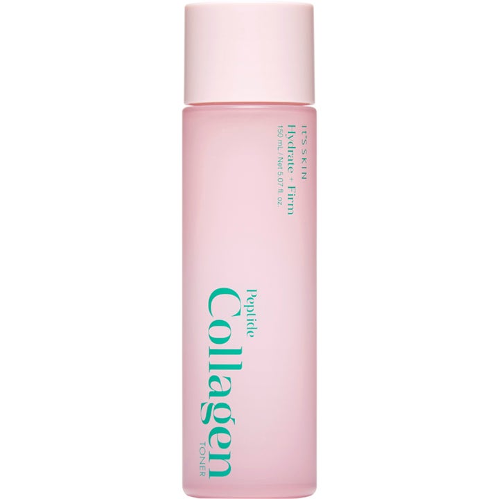 It's Skin Peptide Collagen Toner 150 ml oppstrammende ansiktsvann i en rosa frostet flaske med matt rosa kork