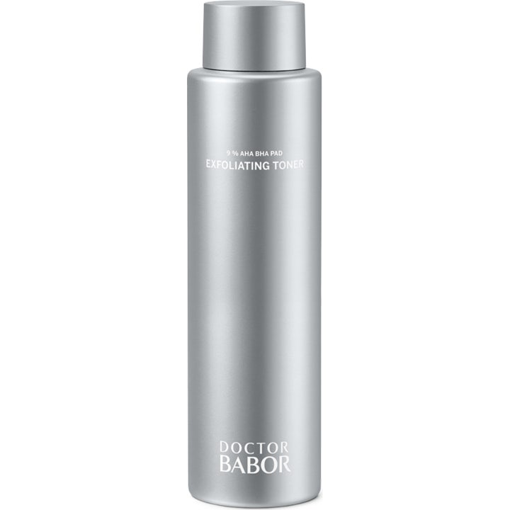 Doctor Babor Exfoliating Toner eksfolierende toner med AHA BHA i en elegant matt sølvfarget flaske.