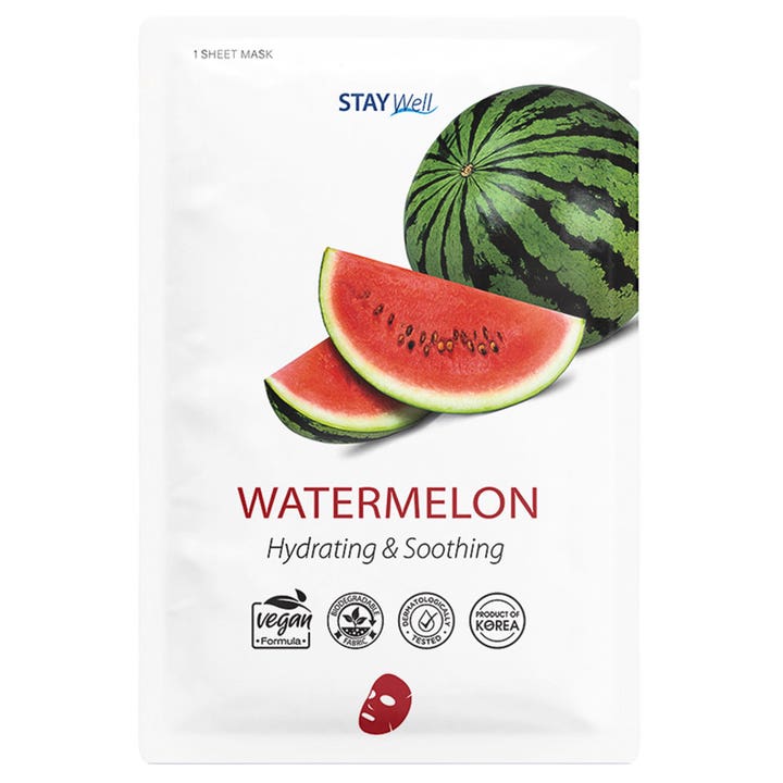 Stay Well Watermelon Hydrating &amp; Soothing 1 stk sheetmaske gir fuktighet i hvit pakke med saftige vannmelonskiver.