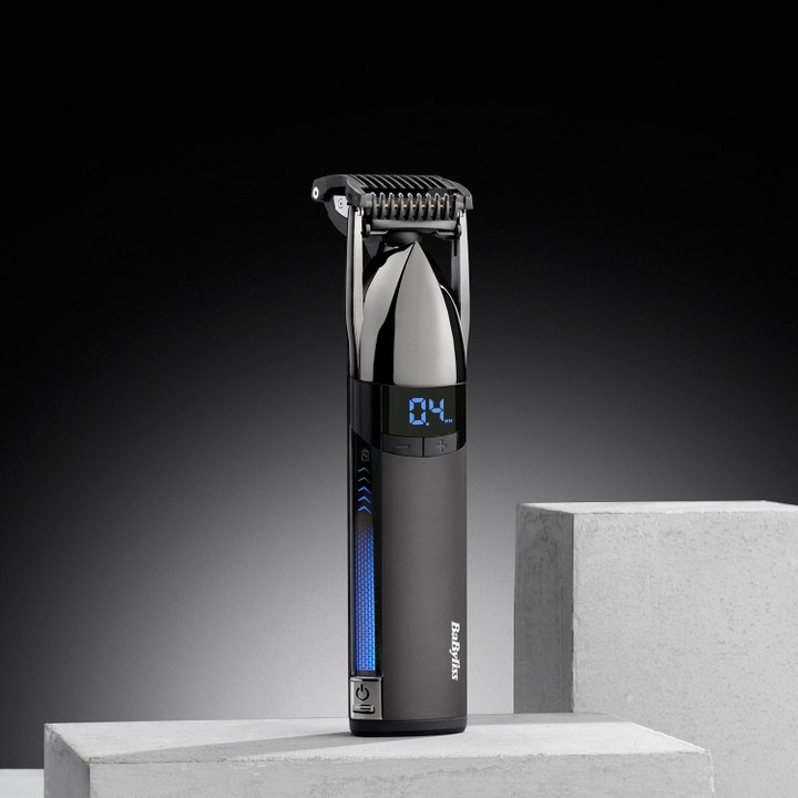 BaByliss Super-X Metal Stubble Trimmer 1 stk skjegtrimmer i mørkegrått metall med blått LED display