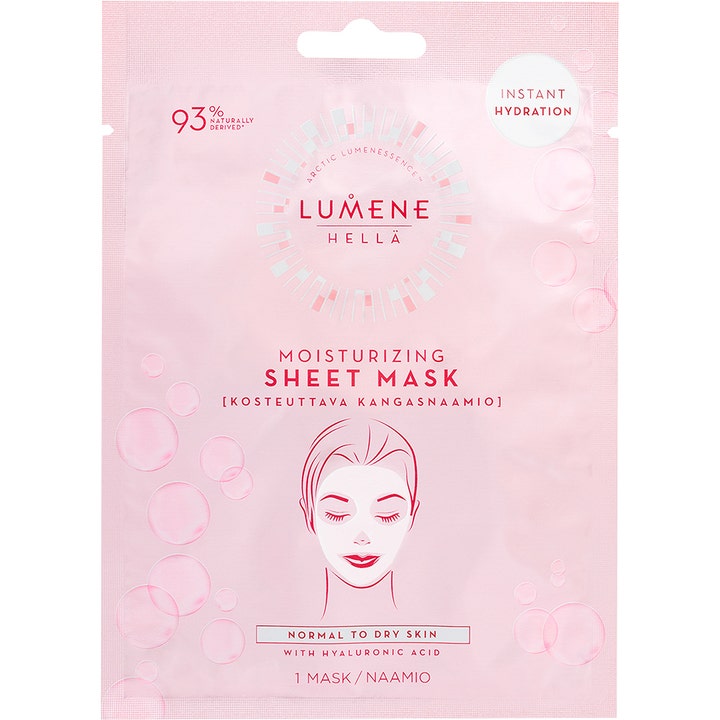 Lumene Hellä Moisturizing Sheet Mask 1 stk gir fukt med hyaluronsyre i en lyserosa pose med ansiktsillustrasjon