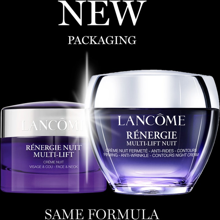 Lancôme Rénergie Nuit Multi-Lift 50 ml oppstrammende nattkrem i ny lilla glasskrukke med sølvlokk og New Packaging tekst.