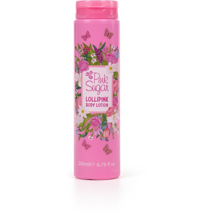Pink Sugar Lollipink Body Lotion 200 ml fuktighetsgivende bodylotion i rosa flaske med blomster og sommerfugler.