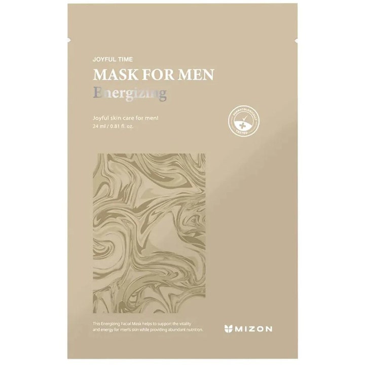 Mizon Joyful Time Mask for Men Energizing 24 ml energigivende ansiktsmaske i beige sachet med marmormønstret detalj