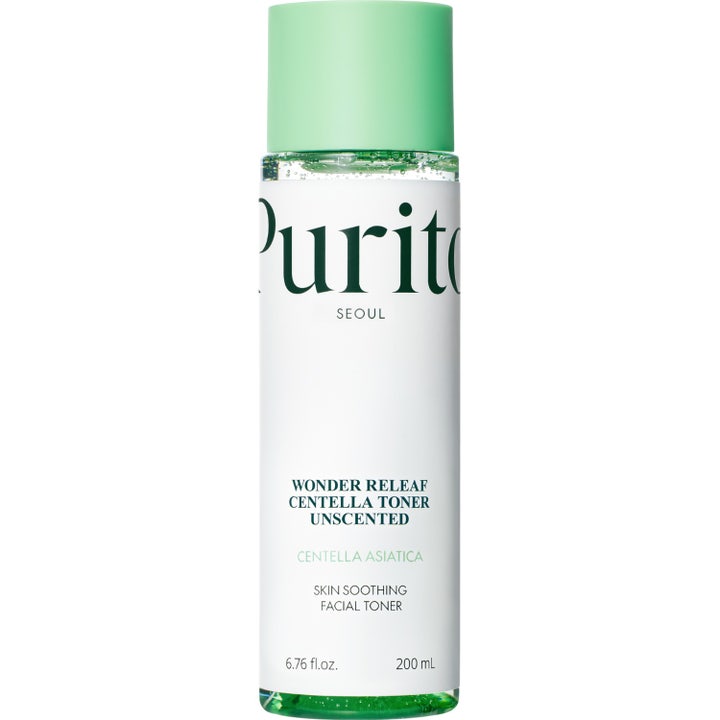 Purito Wonder Releaf Centella Toner Unscented 200 ml beroligende toner i klar plastflaske med lysegrønn kork