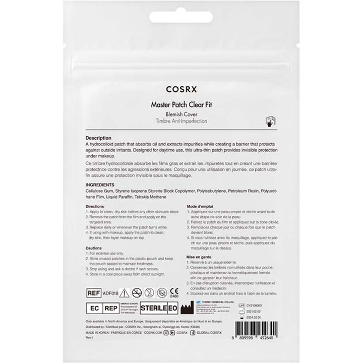 COSRX Master Patch Clear Fit 18 stk kviselapper mot urenheter baksiden av hvit pakke med bruksanvisning og tekst.