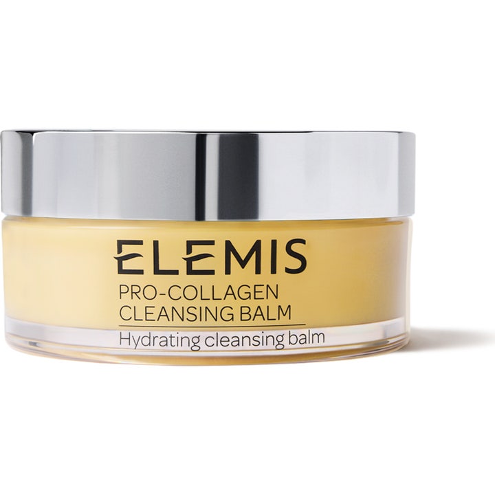 Elemis Pro-Collagen Cleansing Balm 100 g fuktgivende ansiktsrens i gjennomsiktig krukke med gult innhold og sølvfarget lokk