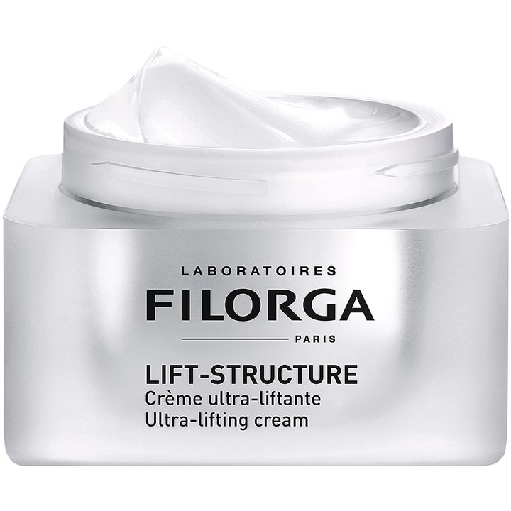 Filorga Lift-Structure Cream 50 ml oppstrammende ansiktskrem i sølvfarget krukke med fyldig hvit tekstur