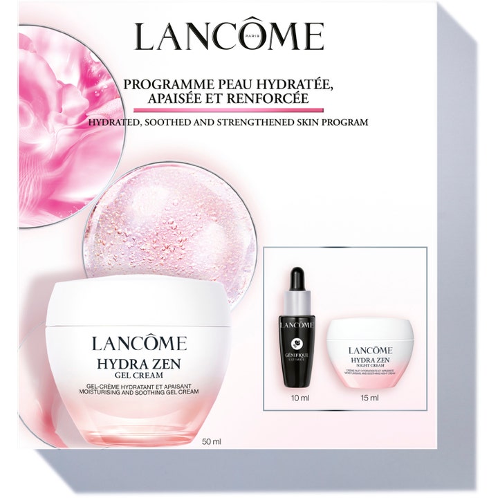 Lancôme Hydra Zen Skin Program hudpleiesett gir fuktighet med hvite krukker og sort serumflaske i en rosa eske