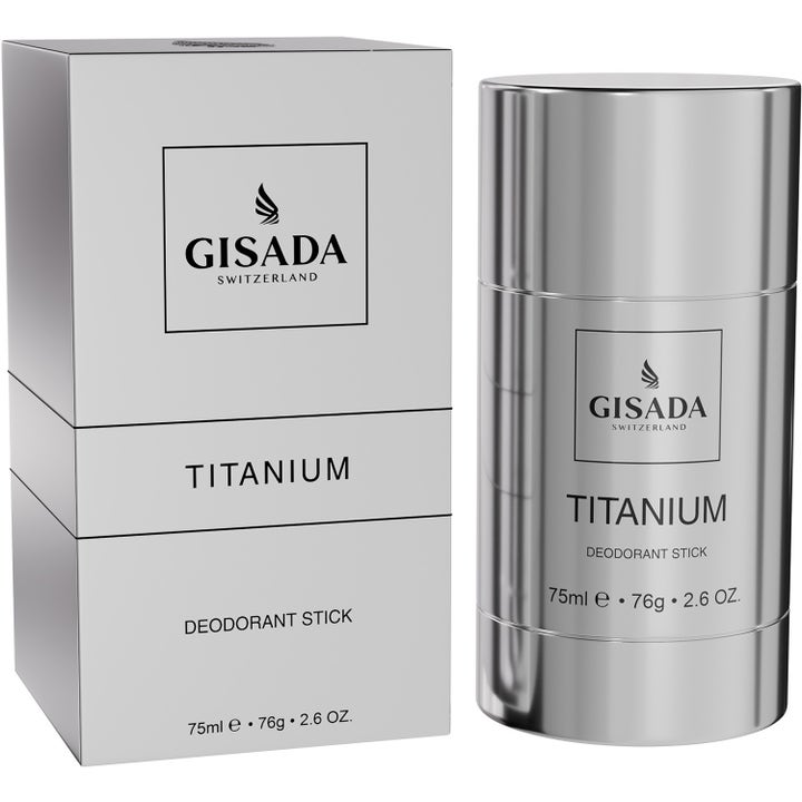 Gisada Titanium 75ml deodorant stick sikrer friskhet i en elegant sølvfarget metallhylse med matchende eske.