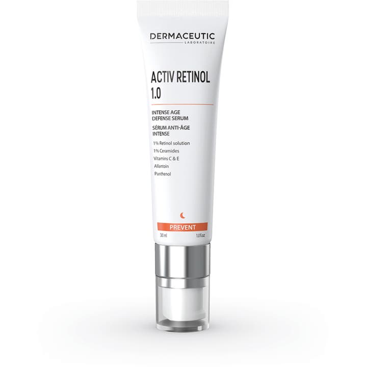 Dermaceutic Activ Retinol 1.0 30 ml anti-aging serum som fornyer huden i hvit tube med sølvfarget pumpe
