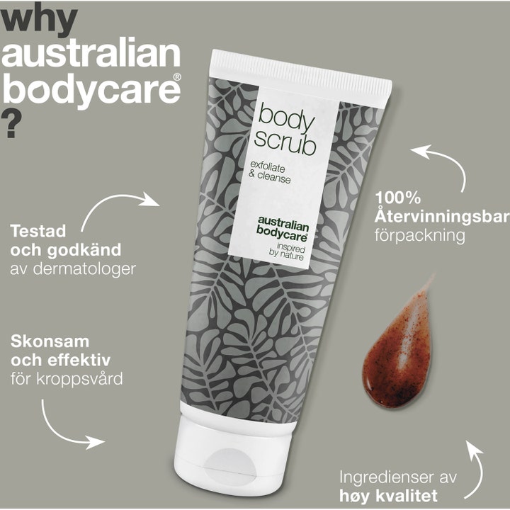 Australian Bodycare Body Scrub 200 ml eksfolierende kroppsskrubb med synlig brun tekstur og hvit tube.