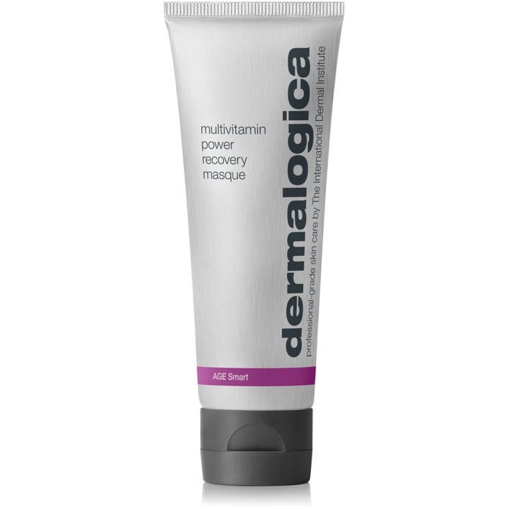 Dermalogica Multivitamin Power Recovery Masque reparerende ansiktsmaske i sølvfarget tube med lilla bånd og sort kork.