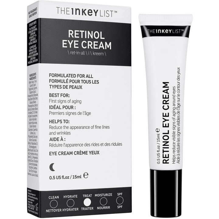 The INKEY List Retinol Eye Cream 15 ml øyekrem mot fine linjer i hvit tube og eske med svart tekst