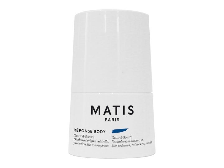 Matis Réponse Body Natural-Secure roll-on deodorant gir 24 timers beskyttelse i en stilren hvit hylse.