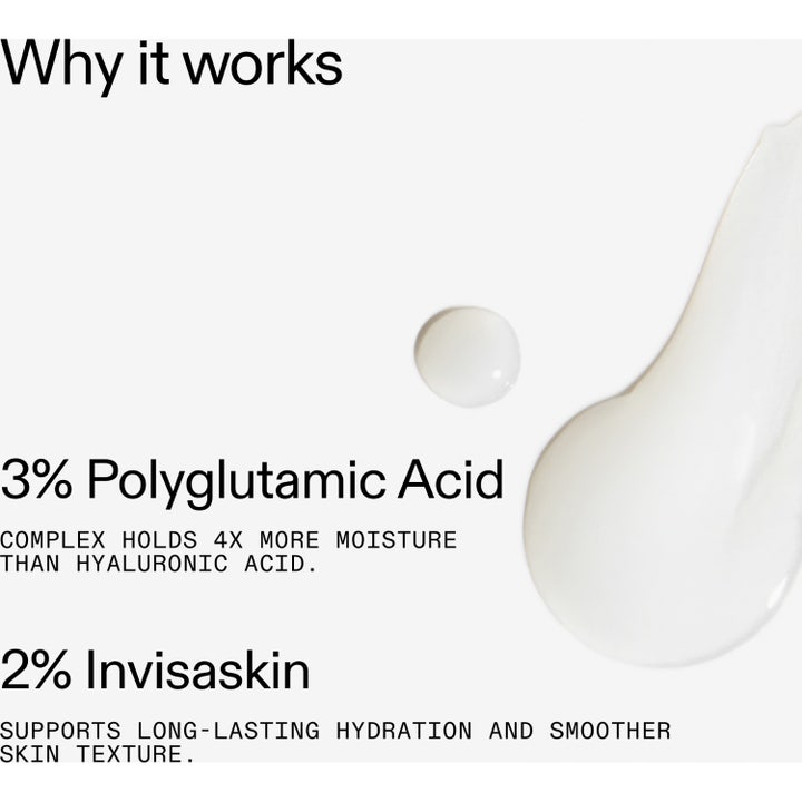 The INKEY List Polyglutamic Acid Serum 30 ml fuktighetsserum viser hvit tekstur og info om 3% Polyglutamic Acid.
