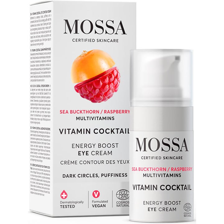 Mossa Vitamin Cocktail Energy Boost Eye Cream 15 ml mot mørke ringer i hvit pumpeflaske med eske.