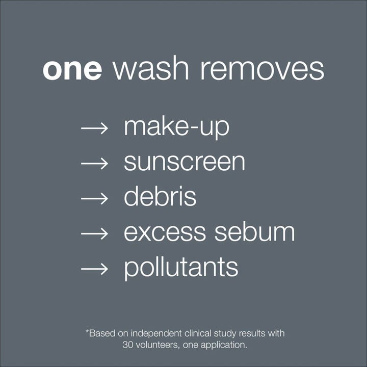 Dermalogica Oil to Foam Cleanser Duo 2x250 ml ansiktsrens grafikk som viser at én vask fjerner sminke og solkrem.
