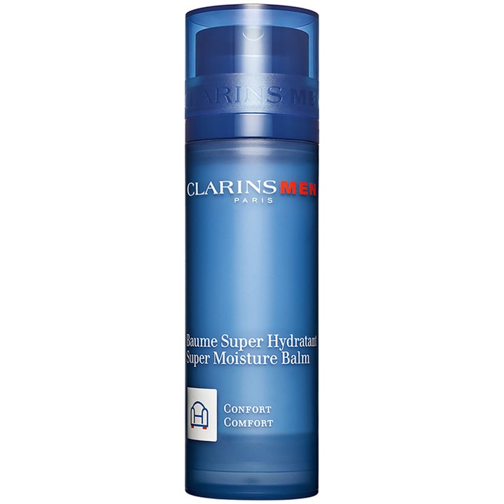 ClarinsMen Super Moisture Balm fuktighetsgivende ansiktsbalm i en blå sylindrisk pumpeflaske med gjennomsiktig lokk