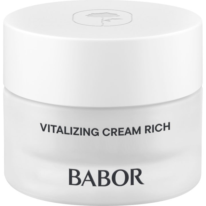 Babor Skinovage Vitalizing Cream Rich vitaliserende ansiktskrem i frostet glasskrukke med hvitt lokk som gir glød
