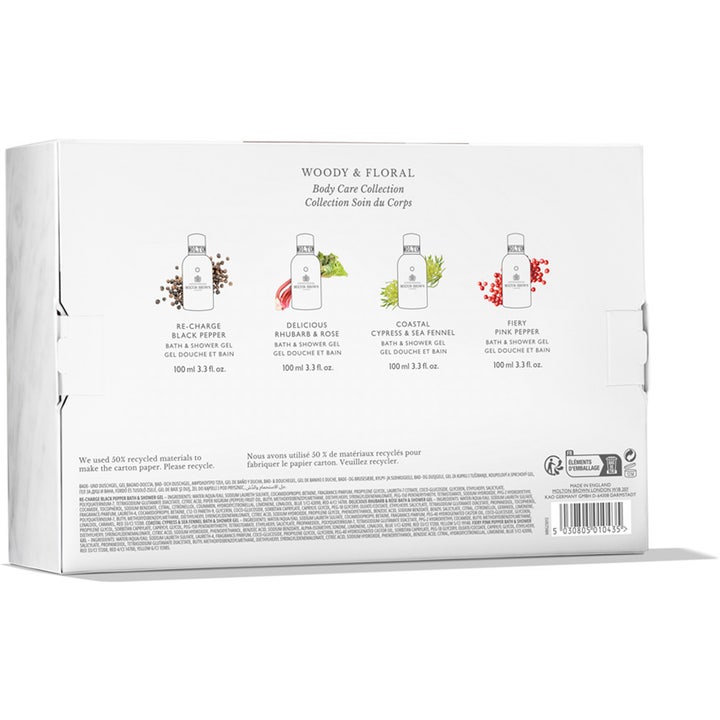 Molton Brown Body Quad 400 ml hudpleiesett viser baksiden av esken med ingredienslister for fire velduftende dusjsåper.
