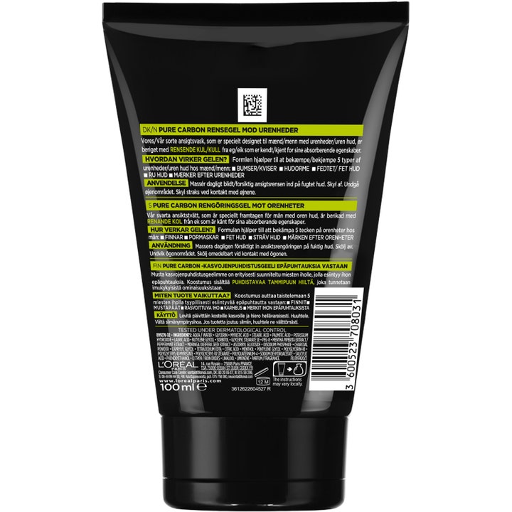 L'Oréal Paris Pure Charcoal Wash 100 ml ansiktsrens mot urenheter viser baksiden av tuben med ingredienser