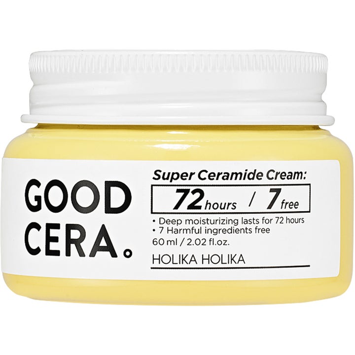 Holika Holika Good Cera Super Ceramide Cream 60 ml fuktighetsgivende ansiktskrem i en gul krukke med hvitt lokk
