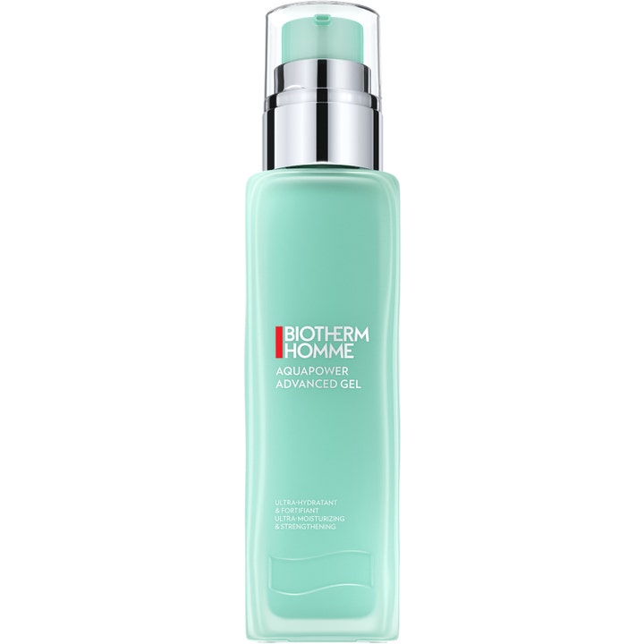 Biotherm Homme Aquapower Advanced Gel 75 ml fuktighetsgivende ansiktsgel styrker huden i en mintgrønn flaske med sølvpumpe.