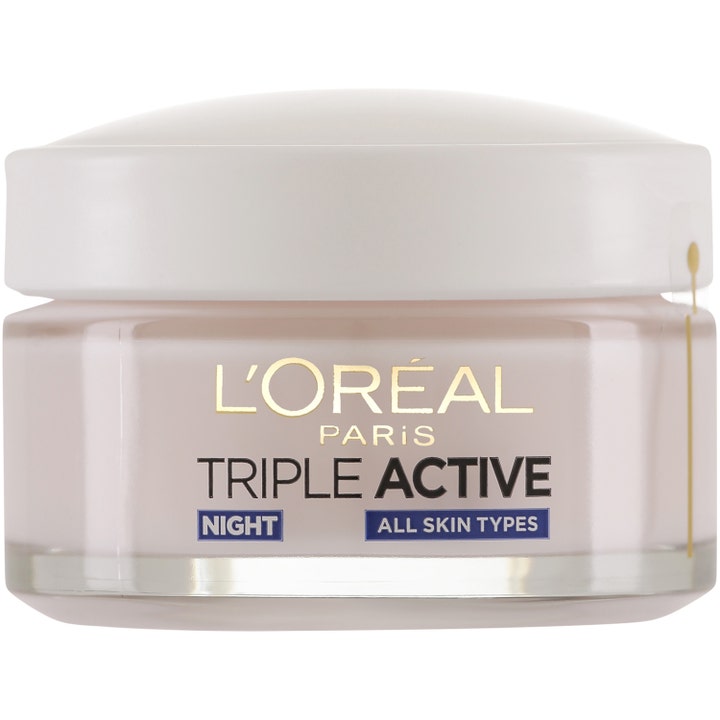 L'Oréal Paris Triple Active Night 50 ml fuktighetsgivende nattkrem i en glasskrukke med hvitt lokk og gulldetaljer.