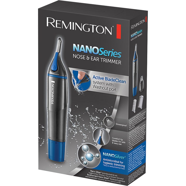 Remington Nose & Ear Trimmer NE3850 1 stk nese- og øretrimmer i mørkegrå eske med blå detaljer.