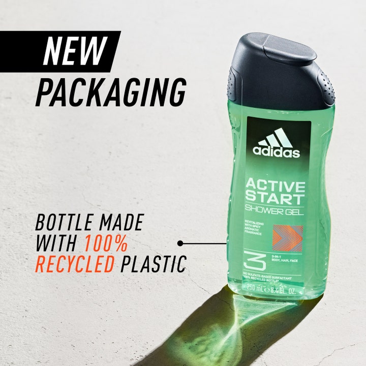 Adidas Active Start 250 ml dusjsåpe i ny flaske av 100 prosent resirkulert plast med frisk grønn gel og sort kork.