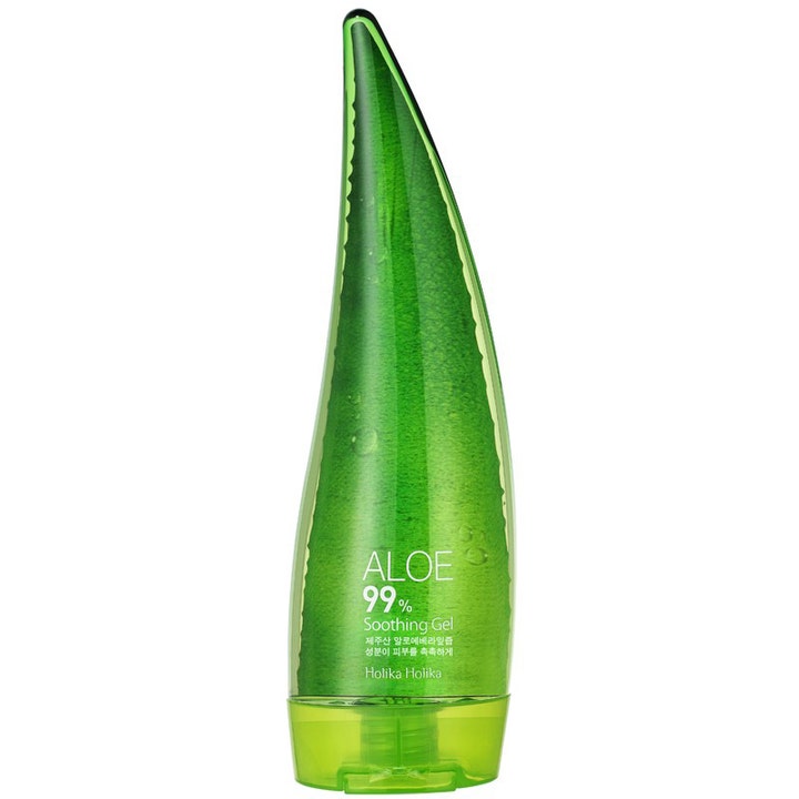 Holika Holika Aloe 99% Soothing Gel 250 ml beroligende gel i grønn flaske formet som et aloe vera-blad
