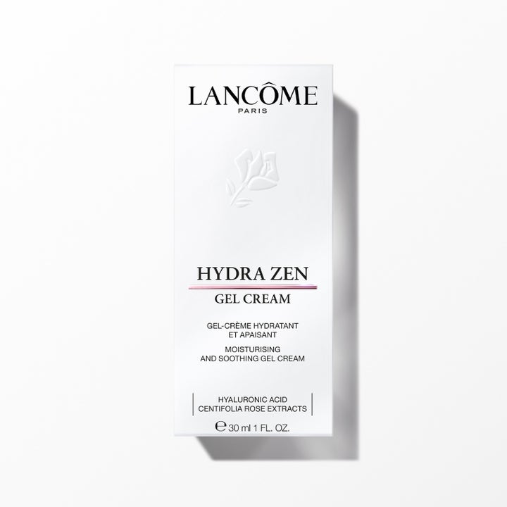 Lancôme Hydra Zen Gel Cream 30 ml fuktighetsgivende ansiktskrem i hvit eske med hyaluronsyre og roseekstrakt.